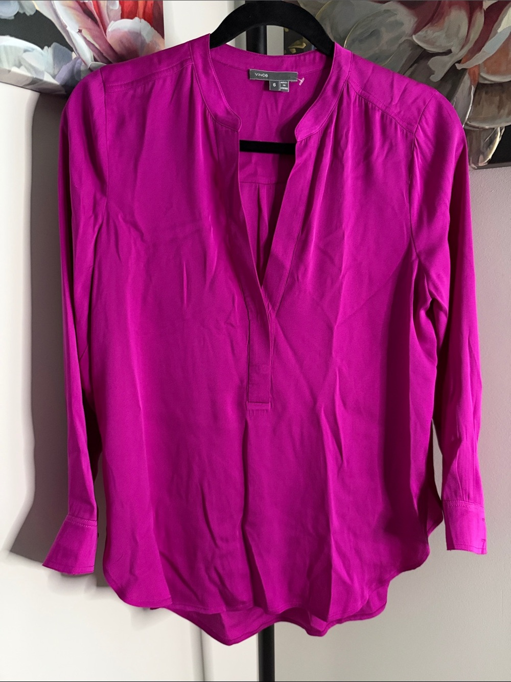 Vince Fuchsia Pink Split-Neck Long Sleeve Blouse